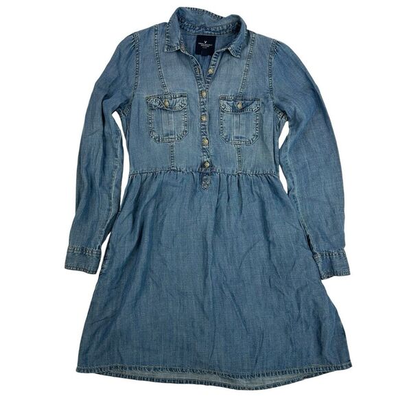 American Eagle Fit Flare Blue Chambray Denim Dress Long Sleeve Button Up Size XS - Picture 1 of 13